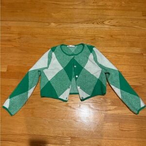 Green and White Argyle Women's Sweater